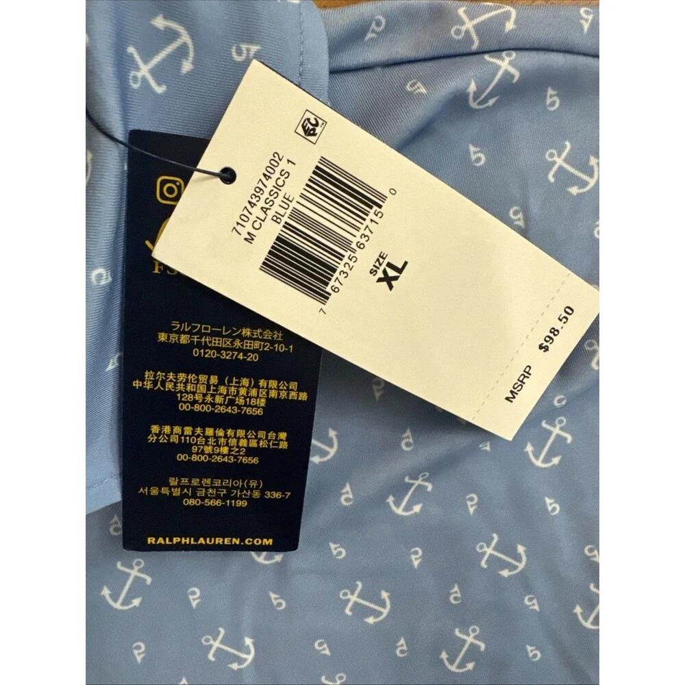 Polo Ralph Lauren Performance XL Light Blue Anchor Pattern Polo Shirt Collar AOP